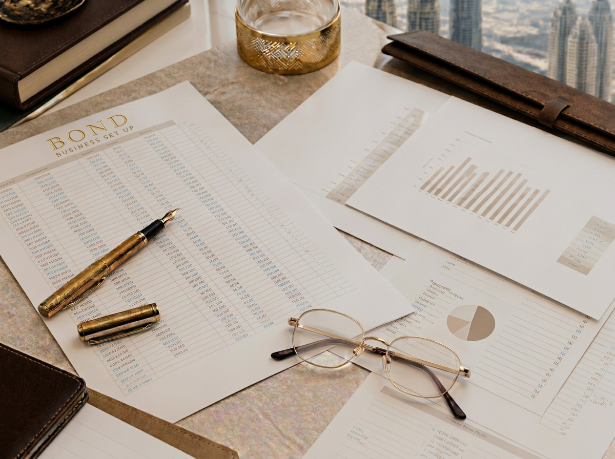 BOND BUSINESS SET UP financial statements and a gold pen on a desk at the Dubai office