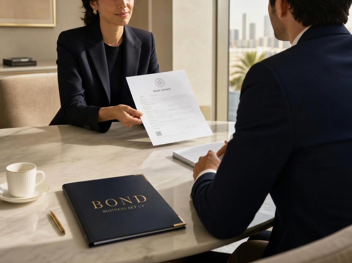A Bond adviser presenting a completed UAE trade licence, marked BOND BUSINESS SET UP, to a client across a marble meeting table in Dubai