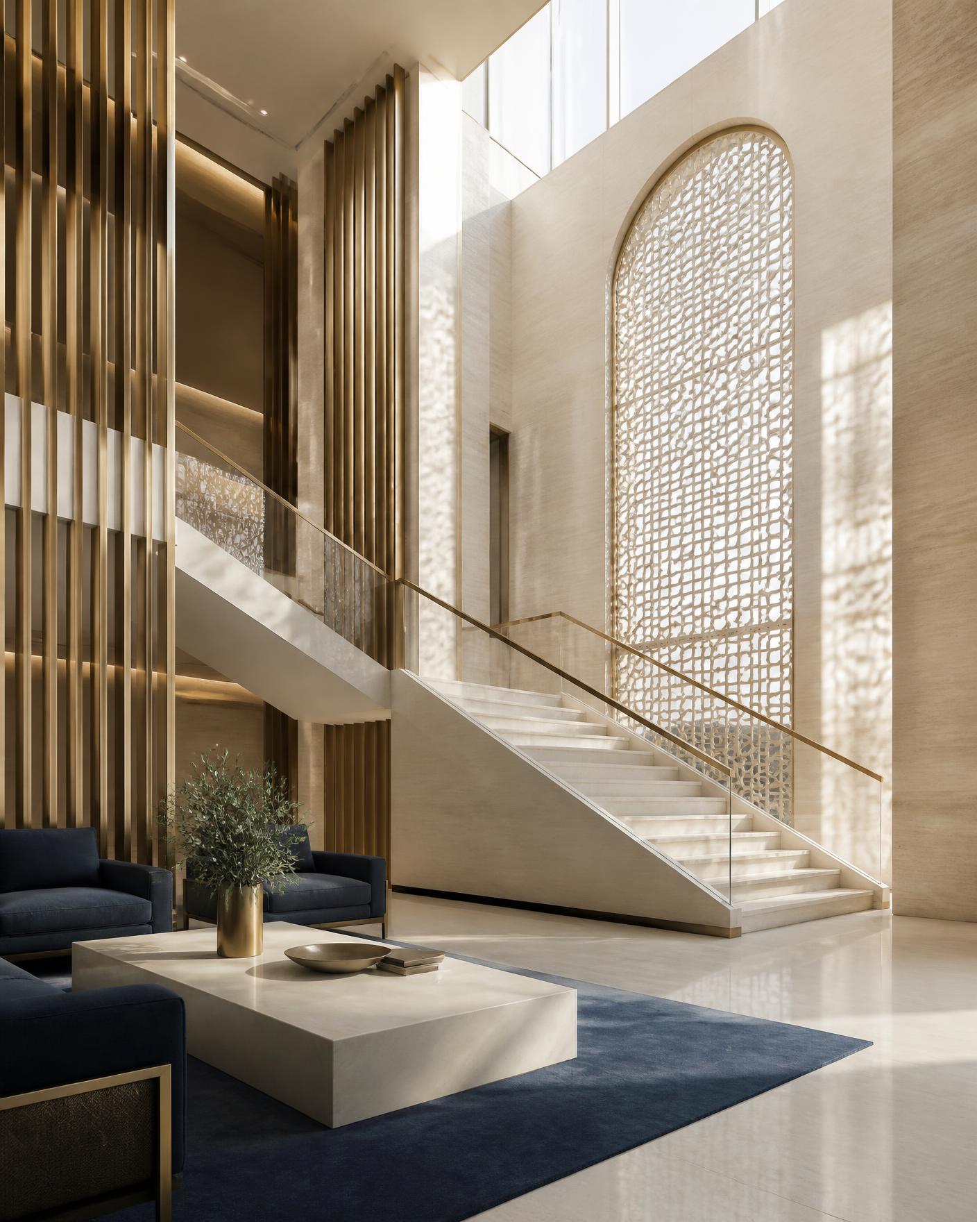 Bright atrium of a Dubai commercial tower seen from the mezzanine