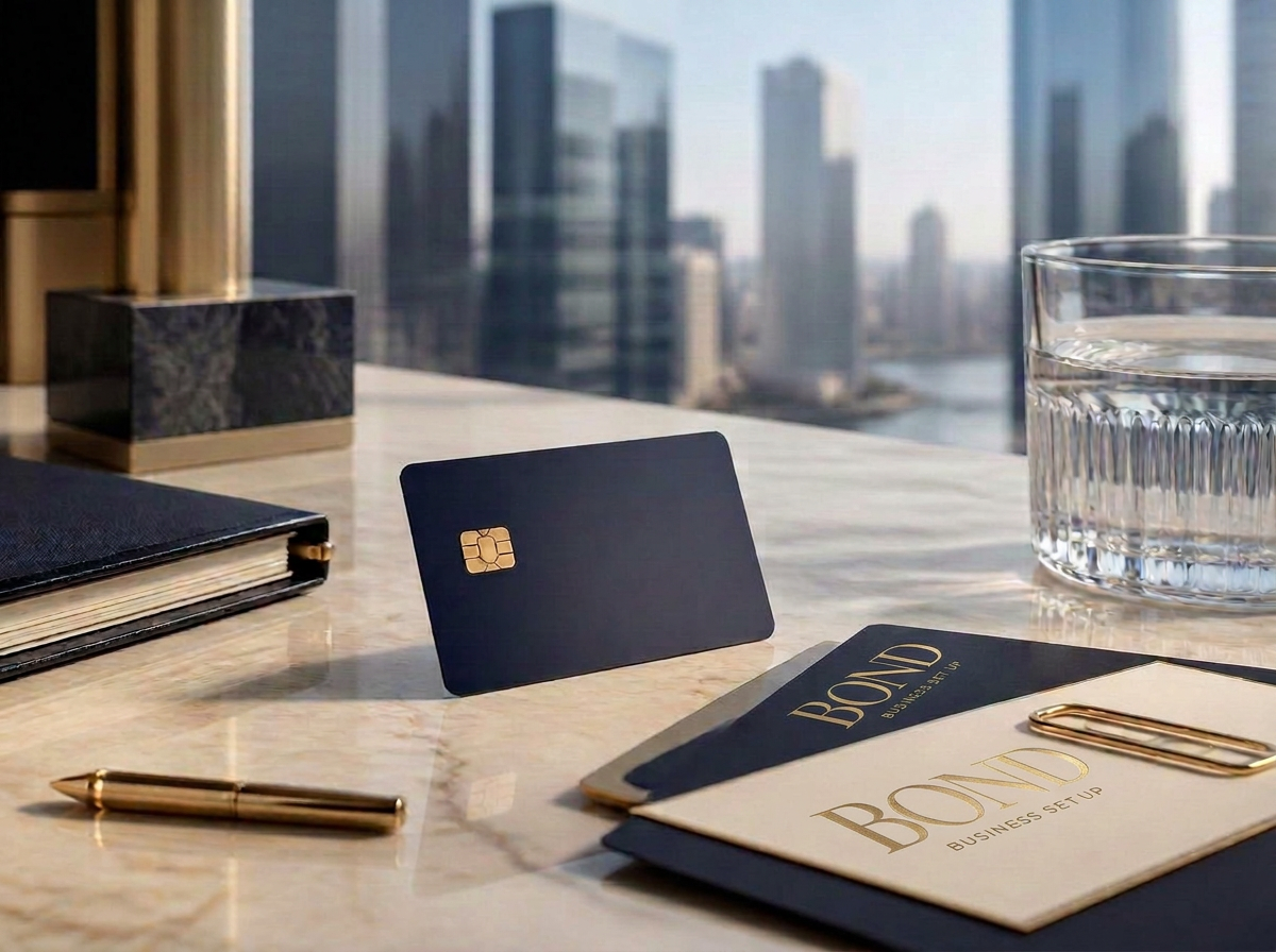 Corporate bank card and BOND BUSINESS SET UP signature documents on a marble surface
