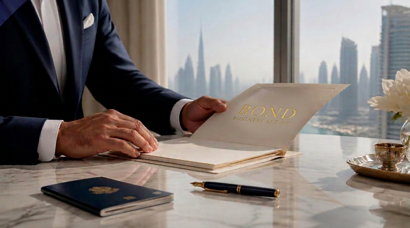 A founder opening a BOND BUSINESS SET UP document folder of UAE company papers beside a passport and fountain pen