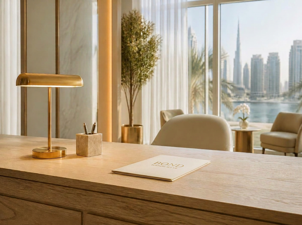 BOND BUSINESS SET UP trade licence documents prepared at an adviser's desk in Dubai