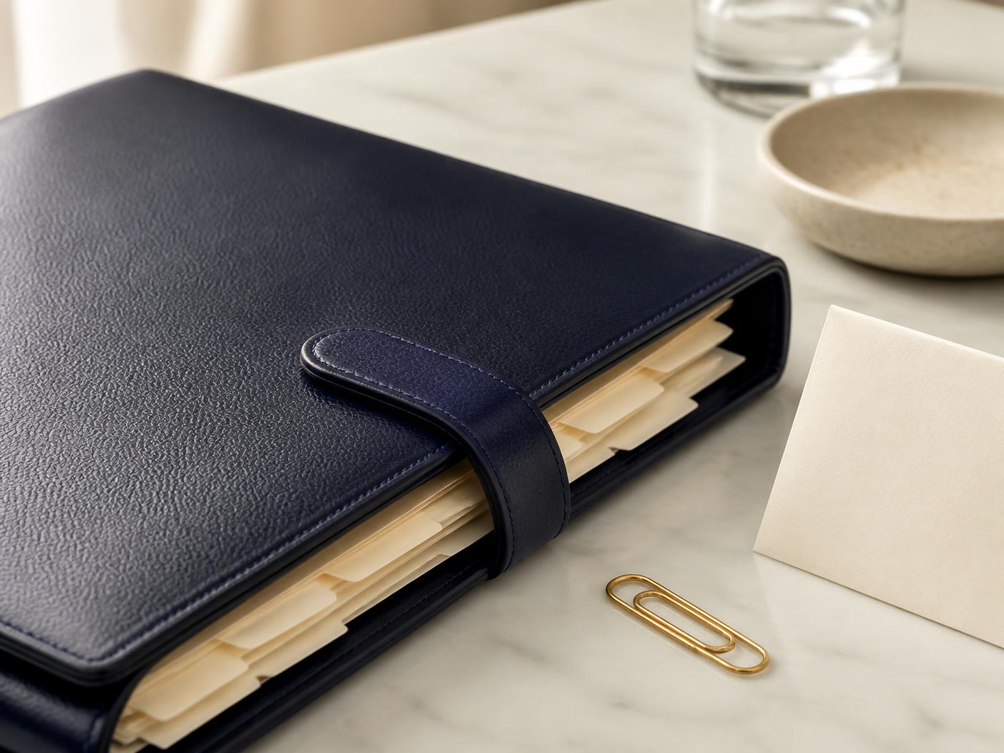 A navy client mandate folio and cream index cards on a marble table