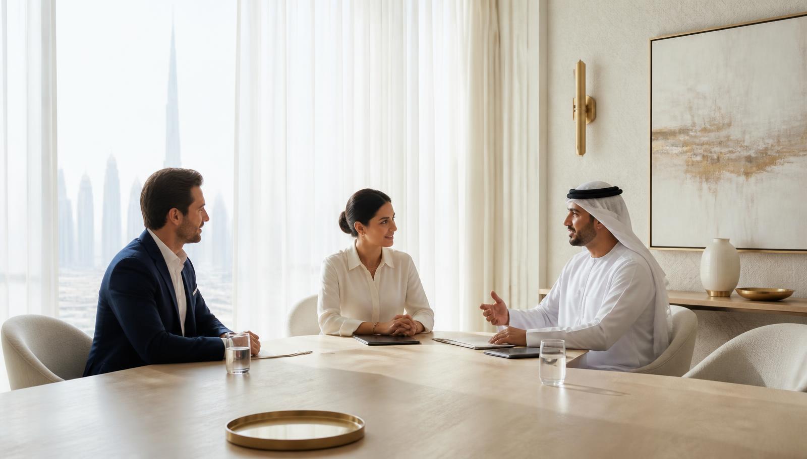 Three advisers in conversation across a light oak table in Bond's Dubai office