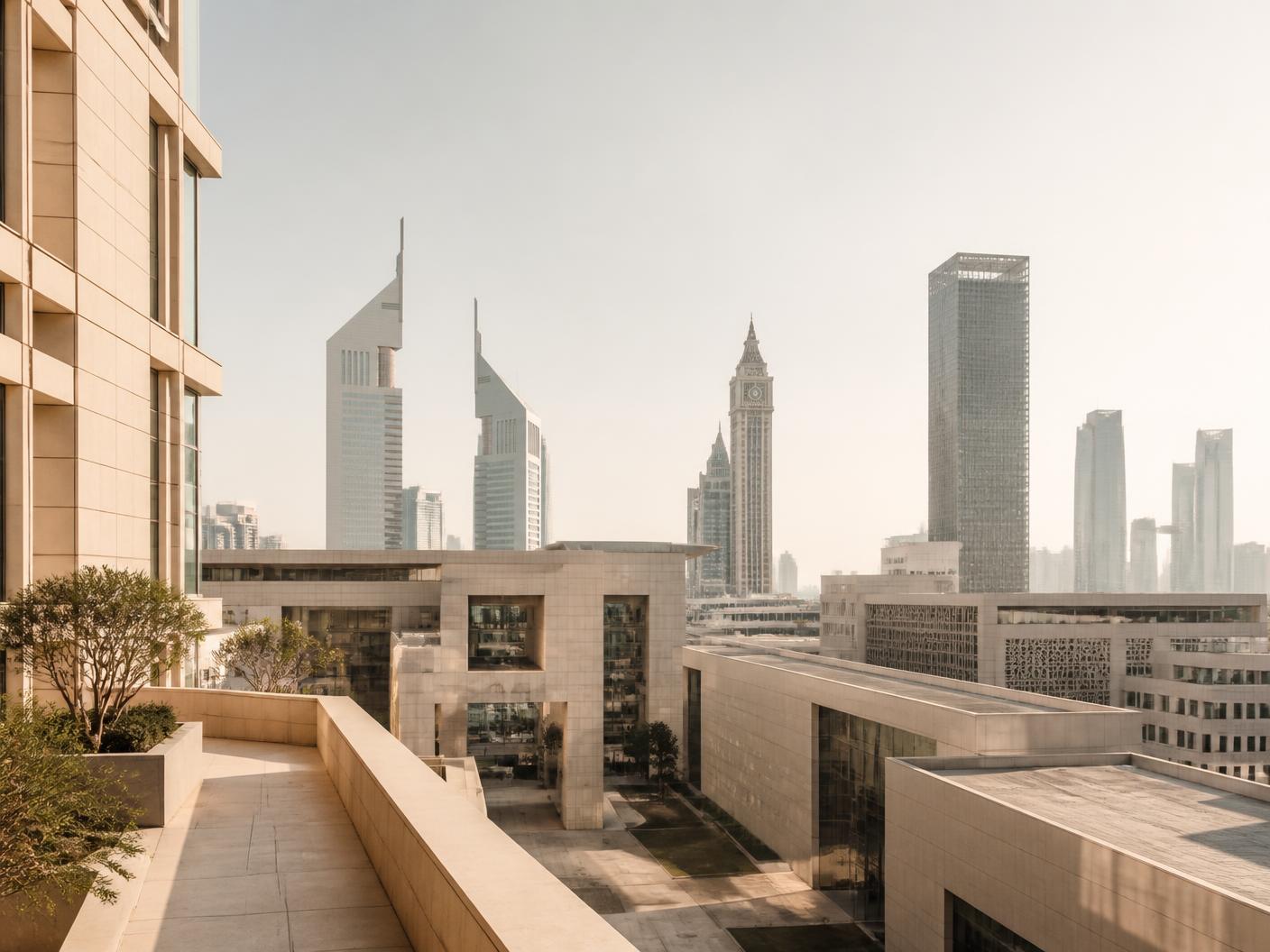 Dubai's DIFC district seen from a high terrace in the morning