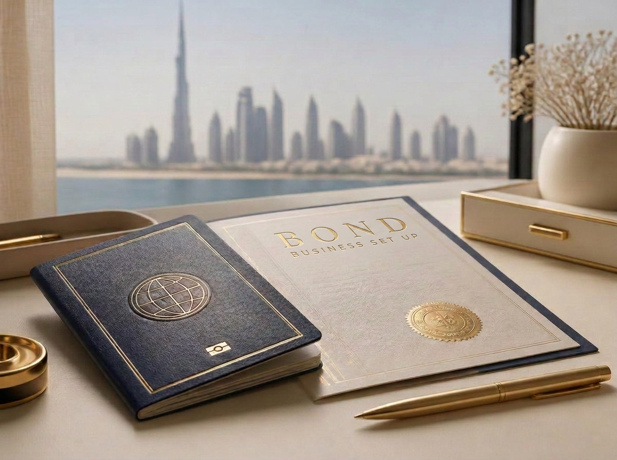 Passport and a BOND BUSINESS SET UP residency visa document resting beside a Dubai window